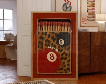 Vintage Leopard 8 Ball Matchbox Print, Red Matchbook Wall Art, Aesthetic Funky Wall Art, Retro Collage Apartment Decor, Preppy Girly Prints, image 1
