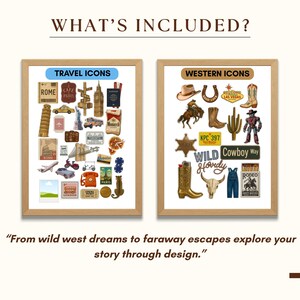 May include: Two framed prints with travel and western icons. The "Travel Icons" print features illustrations of landmarks, vehicles, and souvenirs. The "Western Icons" print includes cowboy boots, a horseshoe, and a steer skull. The text reads "What's Included?"