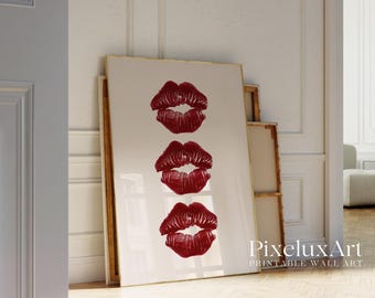 Red Kiss Lips Wall Art, Girly Fashion Chic Decor, Minimal Glam Lips Printable Poster, Aesthetic Lip Print Art, Dorm Room Art, image 5