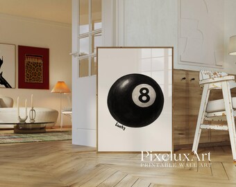 Lucky 8 Ball Print, Pool Ball Print, Vintage Game Room Decor, Luck Wall Art, Billiards Print, Pool Print, Retro Art, Funky Vintage Print, image 3