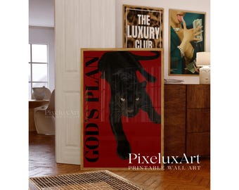 God’s Plan Panther Poster | Black Cat Wall Art, Collage Apartment Print, Y2k Fashion Print, Bold Red Minimalist Printable, Masculine Decor, image 1