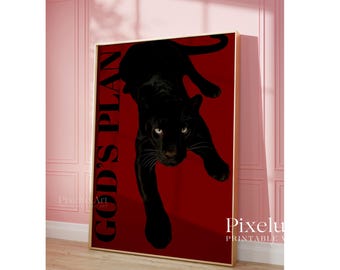 God’s Plan Panther Poster | Black Cat Wall Art, Collage Apartment Print, Y2k Fashion Print, Bold Red Minimalist Printable, Masculine Decor, image 5