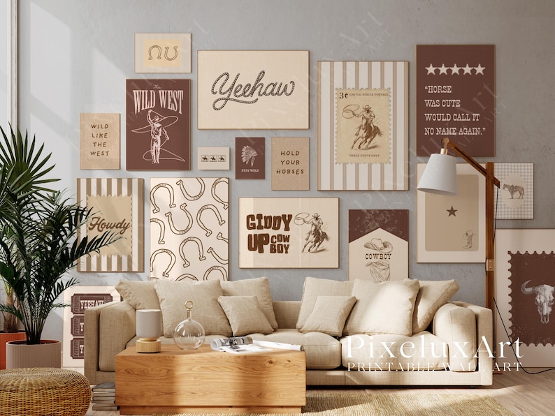 May include: A gallery wall of framed prints with a Wild West theme, featuring text such as "Yeehaw" and "Hold Your Horses." The prints showcase cowboy imagery, horseshoes, and vintage designs in brown and beige hues. The artwork adorns a living room.