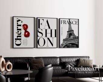 Set of 6 Trendy Black and White Gallery Wall Art, Modern Paris NYC Fashion Poster, Cherry, Leopard Print, Aesthetic Chic Apartment Decor,, image 8