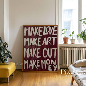 Impresión de collage moderno "Haz el amor, haz el arte", impresión de arte mural con tipografía roja, póster con cita llamativa. imagen 4