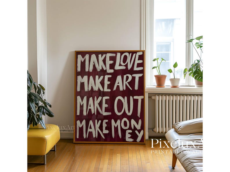 Impresión de collage moderno "Haz el amor, haz el arte", impresión de arte mural con tipografía roja, póster con cita llamativa. imagen 4