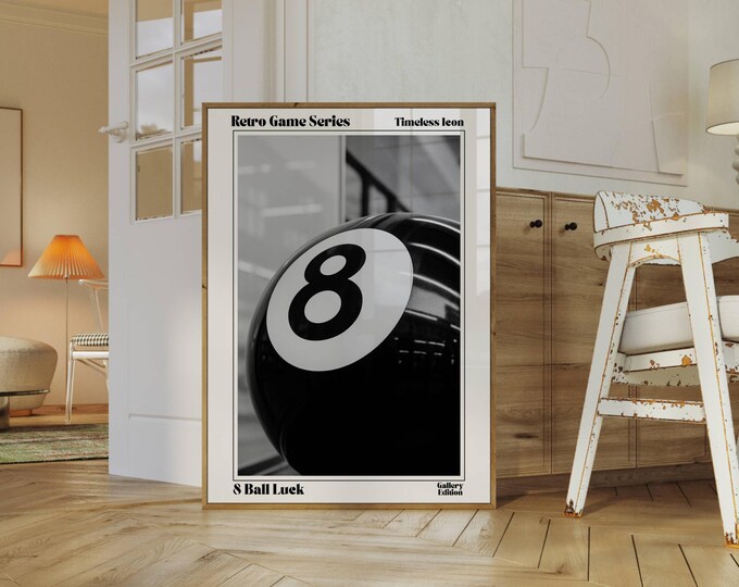 Retro Lucky 8 Ball Print, Pool Ball, Collage Wall Art, Game…
