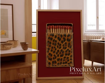 Retro Leopard Matchbox Art Print, Retro Wall Decor, Vintage Bar Cart Art, Funky Girly Print, Trendy Dorm Room Aesthetic Poster, Red Poster, image 9
