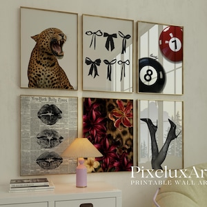 May include: Collection of framed wall art prints featuring a roaring leopard, black bows, a red and black billiard ball, lips on newspaper, floral print, and legs in heels. The prints are in gold frames.