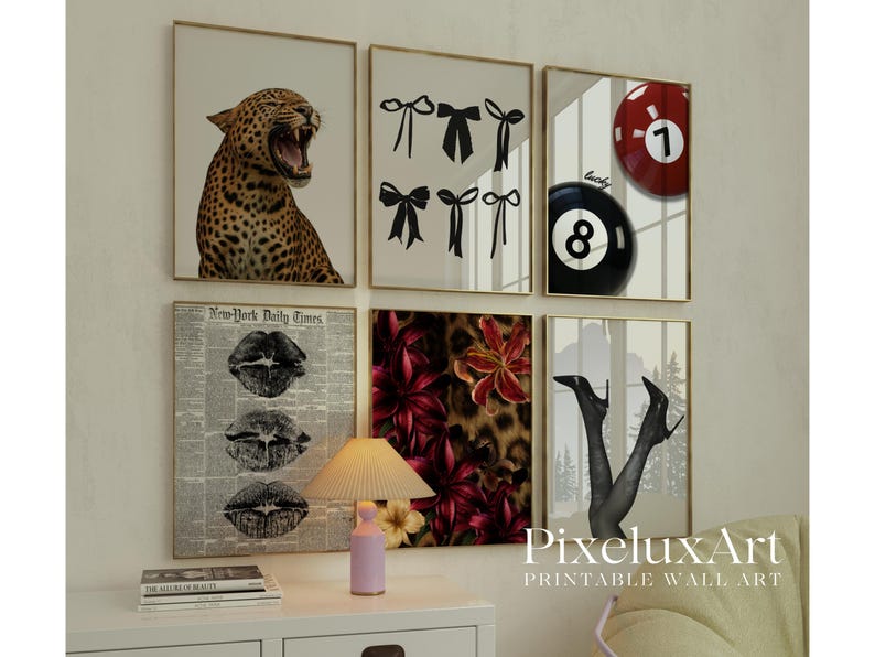 May include: Collection of framed wall art prints featuring a roaring leopard, black bows, a red and black billiard ball, lips on newspaper, floral print, and legs in heels. The prints are in gold frames.