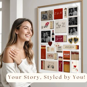 May include: A framed collage of photos and matchboxes with red, white and black accents. The collage includes photos of a couple, a camera, and a martini glass. The text "I & H" and "Love" are visible on the collage. The date "10.12.2024" is also visible on the collage.