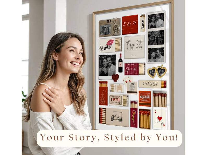 May include: A framed collage of photos and matchboxes with red, white and black accents. The collage includes photos of a couple, a camera, and a martini glass. The text "I & H" and "Love" are visible on the collage. The date "10.12.2024" is also visible on the collage.