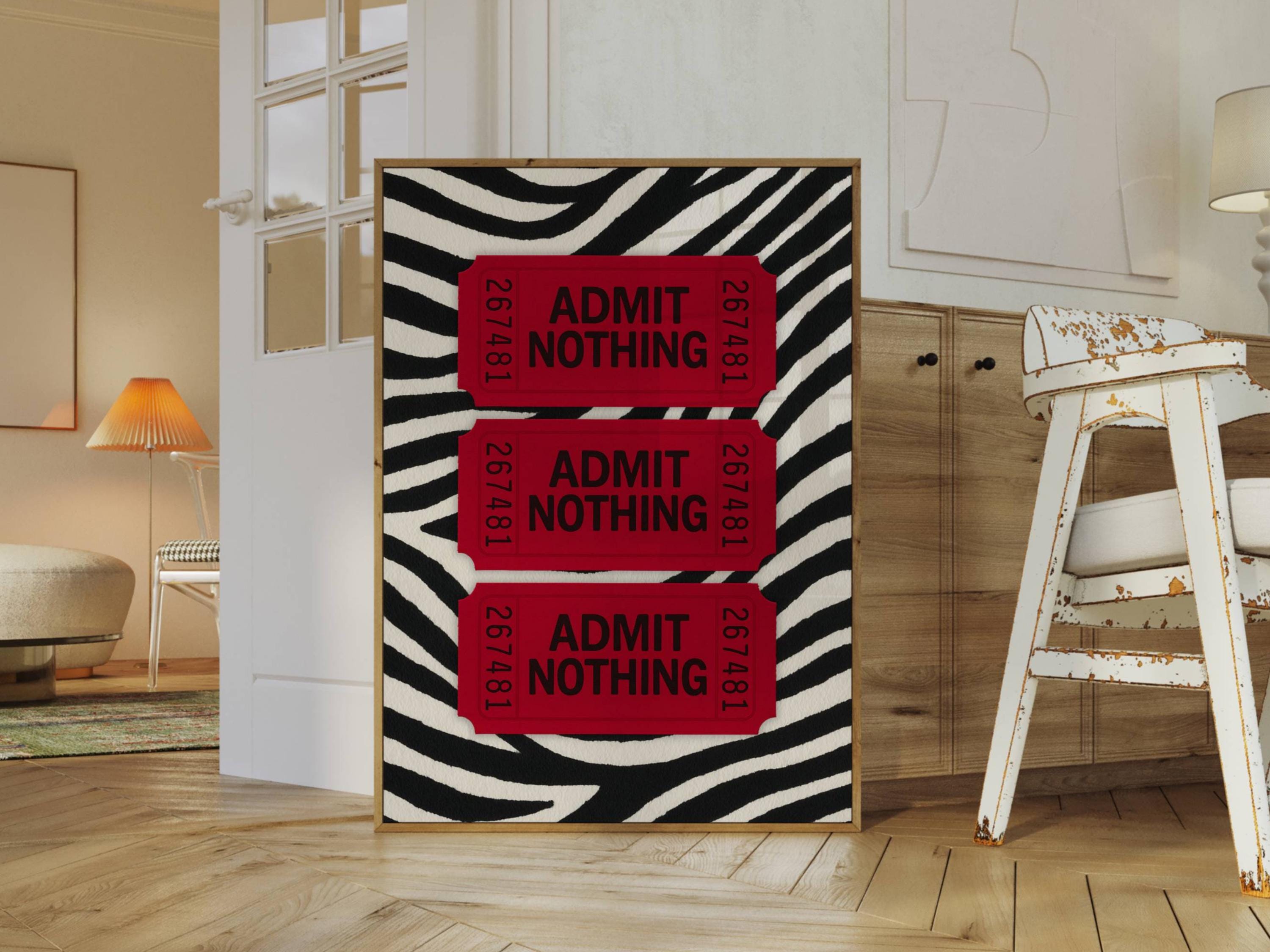 Retro Ticket Print, Ticket Club Wall Art, Funky Zebra College Apartment Print, Red Fashion Poster, Aesthetic  Y2K Girly Print for Teens