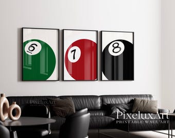 Set of 3 Pool Ball Print, 6, 7, 8 Ball Prints, Retro Game Room Print, Funky Vintage Print, Lucky Poster, Trendy Wall Art, 8 Ball Poster, image 1
