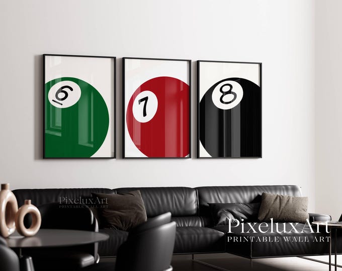 Set of 3 Pool Ball Print, 6, 7, 8 Ball Prints, Retro Game…