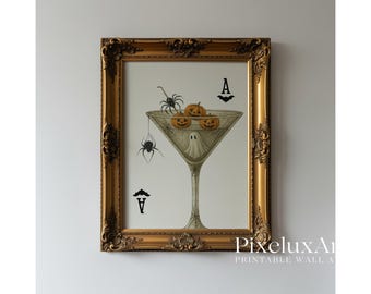 Halloween Cocktail Wall Art – Spooky Ghost & Pumpkin Martini Print with Spiders, Ace Card Vintage Gothic Bar Decor, image 1