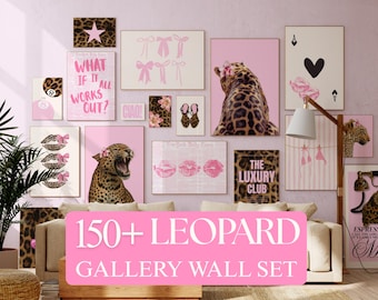 Zestaw 150+ różowych plakatów ściennych z motywem pantery Y2K Gallery | Zestaw ścienny Coquette z nadrukiem w gepardy, dziewczęca dekoracja pokoju w akademiku w stylu preppy, modny estetyczny zestaw plakatów