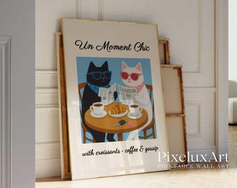 French Café Poster, Croissant & Coffee Cat Print, Cafe Au Lait Poster, Funny Cat Kitchen Art, Cat Wall Decor, Cute Cat Coffee Illustration, image 4
