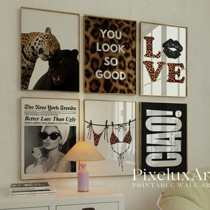 May include: A collection of framed wall art prints. The prints feature a leopard and panther, leopard print text, the word "LOVE" with leopard print letters, a black and white newspaper-style print, a bikini, and the word "CIAO!".