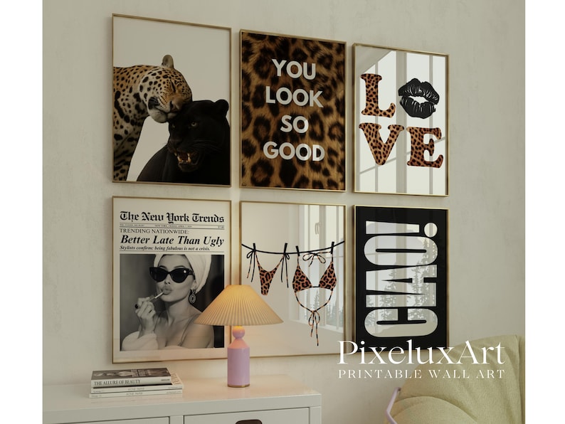 May include: A collection of framed wall art prints. The prints feature a leopard and panther, leopard print text, the word "LOVE" with leopard print letters, a black and white newspaper-style print, a bikini, and the word "CIAO!".