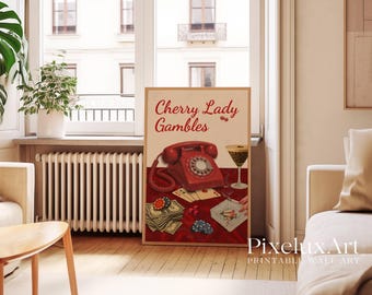 Retro Cherry Poster, Retro Red Bar Cart Wall Art, Preppy 70s Aesthetic Girly Prints, Vintage Apartment Dopamine Decor, Funky Poker Print, image 9