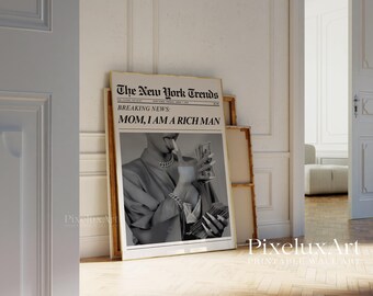 Mom I Am A Rich Man Newspaper Poster, Fashion Wall Art Print, Glam Girl Money Art, Black White Newspaper Print, Editorial Room Decor, image 3