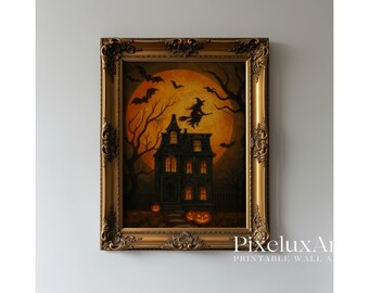 Halloween Wall Art Set of 6 – Spooky Pumpkin Skeleton, Haunted House, Ghost, Witch Hat, Full Moon, Vintage Halloween Decor Prints, image 7