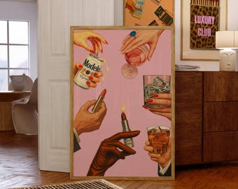 Retro Lipstick Poster, Vintage Girly Bar Cart Art, Trendy Wall Art, Aesthetic Dorm Room Decor, Pink Glam Poster, Trendy Cheers Retro Print, image 1