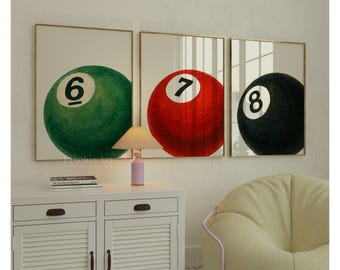 Set of 3 Hand Draw Pool Ball Print, 6, 7, 8 Ball Prints, Retro Game Room Print, Funky Vintage Print, Lucky Poster, Trendy 8 Ball Print, image 1