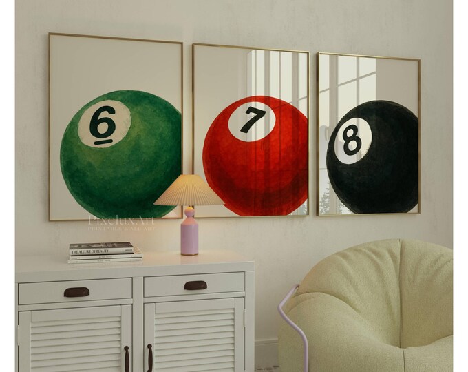 Set of 3 Hand Draw Pool Ball Print, 6, 7, 8 Ball Prints…