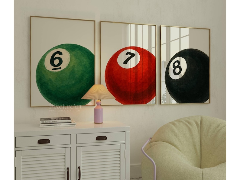 Set of 3 Hand Draw Pool Ball Print