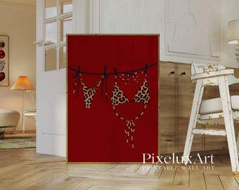 Trendy Leopard Bikini Wall Print, Coastal Wall Art, Red Bikini Print, Red Girly Wall Art, Boho Wall Art, Beach Print, Summer House Poster, image 3
