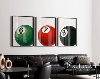 Set of 3 Hand Draw Pool Ball Print, 6, 7, 8 Ball Prints, Retro Game Room Print, Funky Vintage Print, Lucky Poster, Trendy 8 Ball Print, image 3