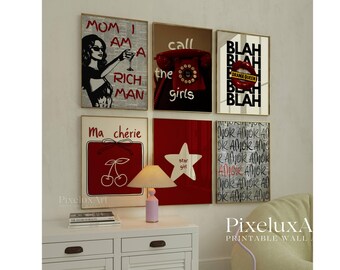 Red Retro Wall Art Prints: Y2K Dorm Decor Set (Digital Download), image 1