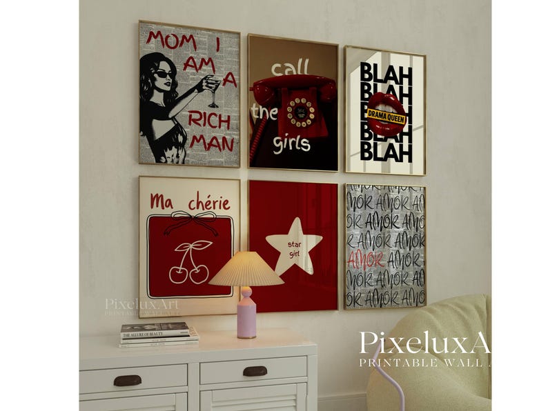 Red Retro Wall Art Prints: Y2K Dorm Decor Set (Digital Download)