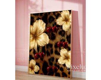 Cherry Leopard Wall Art | Luxury Glam Printable Poster | Gold Floral Leopard Print | Chic Fashion Decor | Red Glam Home Style, image 4