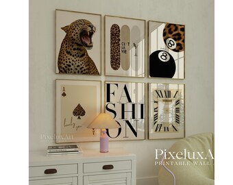 Retro Neutral Leopard Wall Art Set of 6 | Trendy Leopard Posters, Y2K Fashion Animal Cheetah Wall Art Set, Aesthetic Dorm & Apartment Decor, image 1
