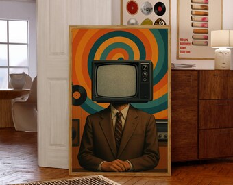 Retro TV Head Wall Art, Vintage Television Poster, Surreal Pop Art Print, 70s Nostalgia Decor, Funky Wall Art for Home or Office, Retro Art, image 1