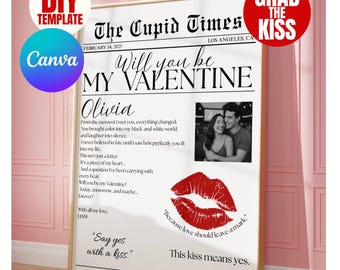 Valentines Day Newspaper Template, Will You Be My Poster, Cupid Post Newspaper for Valentines Day Gift, Grab the Kiss Canva DIY Newspaper, image 1