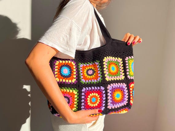 Black Handmade Granny Square Bag