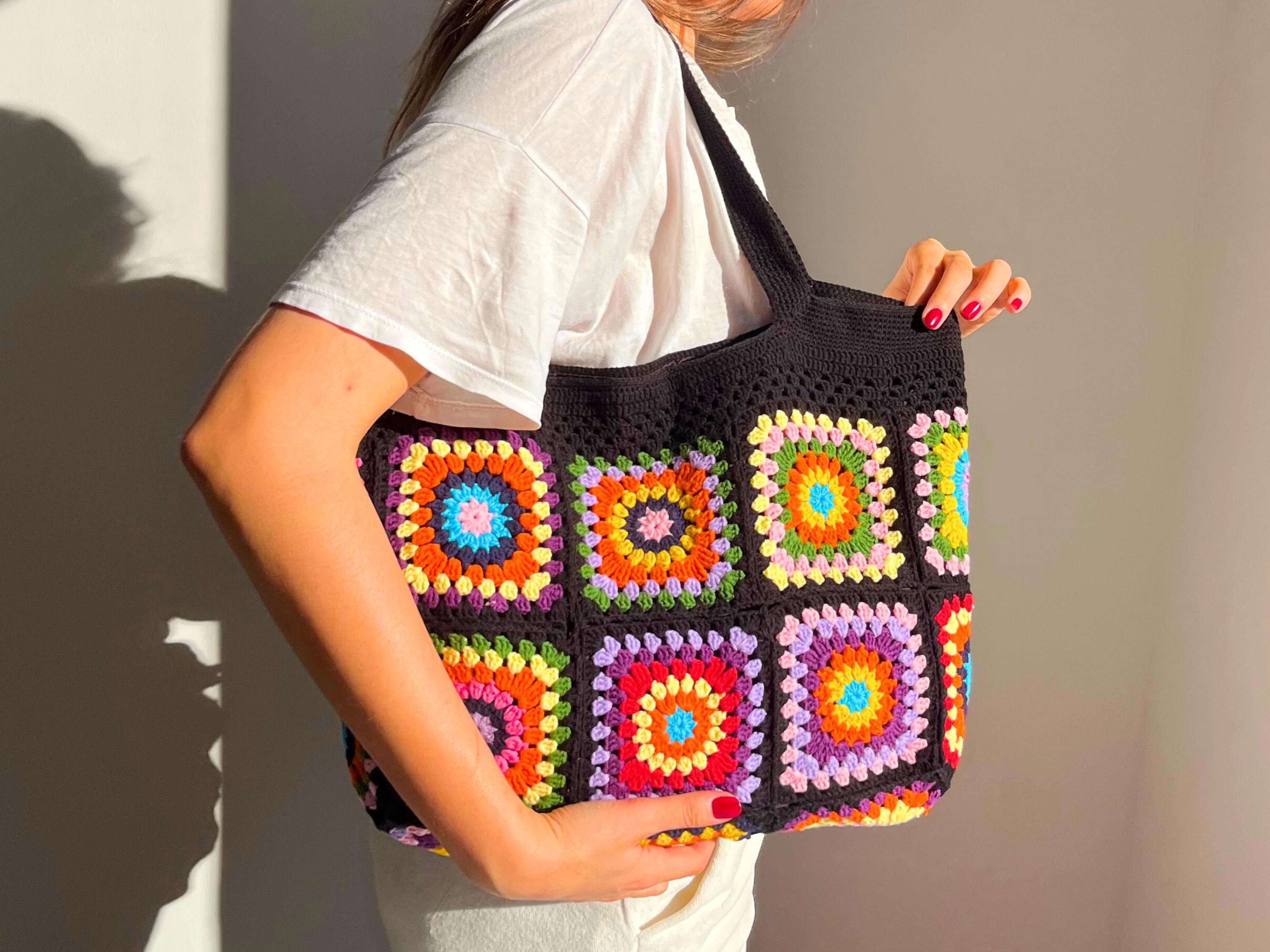 Black Handmade Granny Square Bag, Crochet Bag, Handmade Shoulder