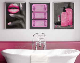 Pink Glam Bathroom Poster Set of 6 | Sparkly Lips, Bathtub, Makeup, Toilet Roll & Shower Karaoke Prints for Glam Bathroom Wall Decor, image 4