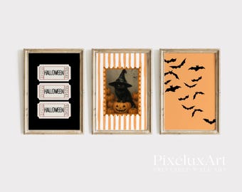 Halloween Wall Art Set of 6 – Vintage Spooky Ghost, Skeleton, Witch, Raven, Haunted Tickets & Bat Prints | Rustic Gothic Fall Decor, image 3