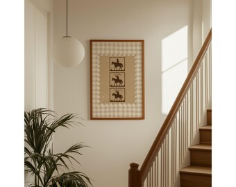 Western Cowboy Stamp Art – Ranch Rodeo Wall Decor, Country Gingham Print, Cowboy Riding Silhouette, Neutral Rustic Nursery & Home Art, image 1