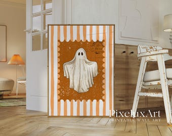 Vintage Ghost Wall Art – Spooky Halloween Printable with Striped Background, Rustic Haunted Postage Stamp Style Ghost Decor Print, image 3