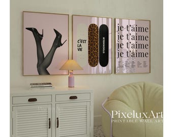 Trendy Pink Black Gallery Wall Art, Set of 6 Light Pink Aesthetic Chic Apartment Decor, Trendy Fashion Leopard Print, Stylish Y2K Wall Art, image 5
