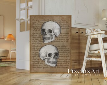 Vintage Skull Wall Art – Gothic Dark Academia Printable with Antique Script Background, Spooky Halloween Skeleton Head Decor Print, image 3