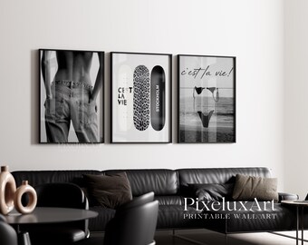 Stockholm Style Wall Art Set, Black and White Fashion Poster Trio, C’est La Vie Print Bundle, Modern Scandinavian Decor, image 1
