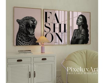 Trendy Pink Black Gallery Wall Art, Set of 6 Light Pink Aesthetic Chic Apartment Decor, Trendy Fashion Leopard Print, Stylish Y2K Wall Art, image 4