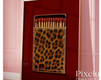 Retro Leopard Matchbox Art Print, Retro Wall Decor, Vintage Bar Cart Art, Funky Girly Print, Trendy Dorm Room Aesthetic Poster, Red Poster, image 3
